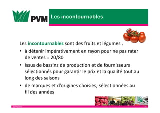 25/04/2013 15
Les incontournables sont des fruits et légumes :
• à détenir impérativement en rayon pour ne pas rater
de ventes = 20/80
• Issus de bassins de production et de fournisseurs
sélectionnés pour garantir le prix et la qualité tout au
long des saisons
• de marques et d’origines choisies, sélectionnées au
fil des années
 