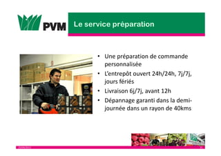 25/04/2013 31
• Une préparation de commande
personnalisée
• L’entrepôt ouvert 24h/24h, 7j/7j,
jours fériés
• Livraison 6j/7j, avant 12h
• Dépannage garanti dans la demi-
journée dans un rayon de 40kms
 