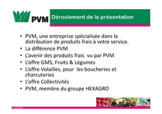 25/04/2013 4
• PVM, une entreprise spécialisée dans la
distribution de produits frais à votre service.
• La différence PVM
• L’avenir des produits frais vu par PVM
• L’offre GMS, Fruits & Légumes
• L’offre Volailles, pour les boucheries et
charcuteries
• L’offre Collectivités
• PVM, membre du groupe HEXAGRO
 