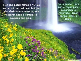 Fai a proba. Pero
non o fagas para
comprobar o
resultado, senón
porque amas a
Deus.
Non che pasou tamén a ti? Se
non é así, recorda que hai que
dar desinteresadamente, sen
esperar nada a cambio, a
calquera que pida.
 