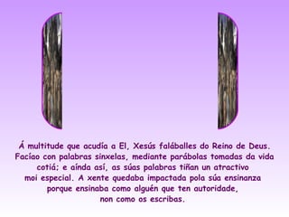 Á multitude que acudía a El, Xesús faláballes do Reino de Deus.
Facíao con palabras sinxelas, mediante parábolas tomadas da vida
     cotiá; e aínda así, as súas palabras tiñan un atractivo
  moi especial. A xente quedaba impactada pola súa ensinanza
        porque ensinaba como alguén que ten autoridade,
                      non como os escribas.
 