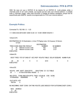 Entroncamentos PVN & iPVN 
OBS: No caso em que o SOPHO iS de destino for um SOPHO iS multi-unidade, então, a 
chamada pode vir em outra unidade, que aquela que tem este user channel address’; a unidade 
onde a chamada chegar, sabe onde encontrar a unidade de destino verdadeira, porque isto foi 
especificado pelo ASINTN, quando da programação do ’PVN user channel address’. 
Exemplo Prático: 
Connected To: 192.168.1.3 - 1-23 
+++ 0055-3333-0810-0001 2009-12-29 +2+ 14:08+ #0099 VDU010 > 
<dinars:0,91; 
DESTINATION ID: D=Destination, L=Line, P=Paging route, Q=A-queue, S=Server, 
U=Unit 
DESTINATION 
TREE CODE ANALYSIS RESULT NUMBER ID NUMBER 
0 91 Network access code 402 D 20 
0 91 Network access code 403 D 21 
EXECUTED 
<didest:20; 
DEST TREE FST-DT SND-DT ACC-REP ROUTE-TABLE DELAY-SEIZURE NUMB-PLAN 
20 20 0 0 0 20 D 0 0 
EXECUTED 
<dirout:20; 
ROUTE UNIT BSPT GEN-OPTS GEN-TONE CV CC-TABLE 
20 1 - 011001010010000 440400 0 - 
INC-OPTS TONE-AND-DDI-OPTS TREE A-QUEUE OVE SCNE 
10100000000 000699999 38 16 - - 
OUT-OPTS ATF 
000100 0 
NO INCOMING DIGIT CONV. ON THIS ROUTE (USE DIDGCO FOR OUTGOING DIGIT CONV.) 
SEQ BUNDLE 
0 20 
EXECUTED 
 