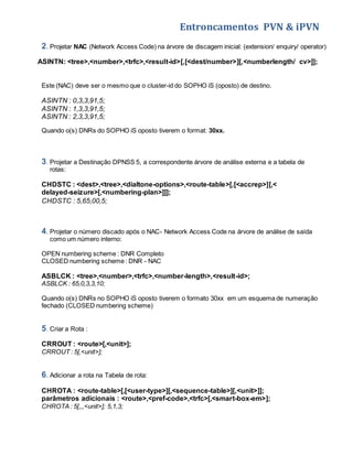 Entroncamentos PVN & iPVN 
2. Projetar NAC (Network Access Code) na árvore de discagem inicial: (extension/ enquiry/ operator) 
ASINTN: <tree>,<number>,<trfc>,<result-id>[,[<dest/number>][,<numberlength/ cv>]]; 
Este (NAC) deve ser o mesmo que o cluster-id do SOPHO iS (oposto) de destino. 
ASINTN : 0,3,3,91,5; 
ASINTN : 1,3,3,91,5; 
ASINTN : 2,3,3,91,5; 
Quando o(s) DNRs do SOPHO iS oposto tiverem o format: 30xx. 
3. Projetar a Destinação DPNSS 5, a correspondente árvore de análise externa e a tabela de 
rotas: 
CHDSTC : <dest>,<tree>,<dialtone-options>,<route-table>[,[<accrep>][,< 
delayed-seizure>[,<numbering-plan>]]]; 
CHDSTC : 5,65,00,5; 
4. Projetar o número discado após o NAC- Network Access Code na árvore de análise de saída 
como um número interno: 
OPEN numbering scheme : DNR Completo 
CLOSED numbering scheme : DNR - NAC 
ASBLCK : <tree>,<number>,<trfc>,<number-length>,<result-id>; 
ASBLCK : 65,0,3,3,10; 
Quando o(s) DNRs no SOPHO iS oposto tiverem o formato 30xx em um esquema de numeração 
fechado (CLOSED numbering scheme) 
5. Criar a Rota : 
CRROUT : <route>[,<unit>]; 
CRROUT : 5[,<unit>]; 
6. Adicionar a rota na Tabela de rota: 
CHROTA : <route-table>[,[<user-type>][,<sequence-table>][,<unit>]]; 
parâmetros adicionais : <route>,<pref-code>,<trfc>[,<smart-box-em>]; 
CHROTA : 5[,,,<unit>]; 5,1,3; 
 