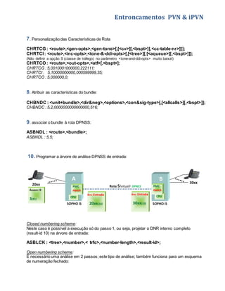 Entroncamentos PVN & iPVN 
7. Personalização das Características de Rota 
CHRTCG : <route>,<gen-opts>,<gen-tone>[,[<cv>][,<bspt>][,<cc-table-nr>]]]; 
CHRTCI : <route>,<inc-opts>,<tone-&-ddi-opts>[,[<tree>][,[<aqueue>][,<bspt>]]]; 
(Não definir a opção S (classe de tráfego) no parâmetro <tone-and-ddi-opts> muito baixa!) 
CHRTCO : <route>,<out-opts>,<atf>[,<bspt>]; 
CHRTCG : 5,0010001000000,222111; 
CHRTCI : 5,10000000000,000599999,35; 
CHRTCO : 5,000000,0; 
8. Atribuir as características do bundle: 
CHBNDC : <unit+bundle>,<dir&neg>,<options>,<con&sig-type>[,[<allcalls>][,<bspt>]]; 
CHBNDC : 5,2,0000000000000000,516; 
9. associar o bundle à rota DPNSS: 
ASBNDL : <route>,<bundle>; 
ASBNDL : 5,5; 
10. Programar a árvore de análise DPNSS de entrada: 
A B 
20xx 30xx 
SOPHO iS 
CPU 
SOPHO iS 
Rota 5(vitual) DPNSS 
Árvore: 0 
3(91) 
Árv: Entrada 
20xx(10) 
CPU 
PMC 
Hatch 
PMC 
Hatch 
Árv: Entrada 
30xx(10) 
Closed numbering scheme: 
Neste caso é possível a execução só do passo 1, ou seja, projetar o DNR interno completo 
(result-id 10) na árvore de entrada: 
ASBLCK : <tree>,<number>,< trfc>,<number-length>,<result-id>; 
Open numbering scheme: 
É necessário uma análise em 2 passos; este tipo de análise; também funciona para um esquema 
de numeração fechado: 
 