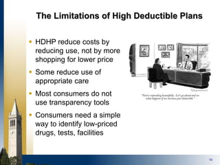 10
The Limitations of High Deductible Plans
 HDHP reduce costs by
reducing use, not by more
shopping for lower price
 Some reduce use of
appropriate care
 Most consumers do not
use transparency tools
 Consumers need a simple
way to identify low-priced
drugs, tests, facilities
 