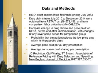  RETA Trust implemented reference pricing July 2013
 Drug claims from July 2010 to December 2014 were
obtained from RETA Trust (N=573,456) and from
comparison labor union trust (N=549,285)
 Compare change in drug choice and price paid for
RETA, before and after implementation, with changes
(if any) over same period for comparison group
 Probability that the patient selects the low-price drug
within its therapeutic class
 Average price paid per 30-day prescription
 Average consumer cost sharing per prescription
 JC Robinson, CM Whaley, TT Brown. Association of
Reference Pricing with Drug Selection and Spending.
New England Journal of Medicine 2017;377:658-75
Data and Methods
 