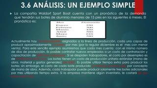 3.6 ANÁLISIS: UN EJEMPLO SIMPLE


La compañía Waldorf Sport Boat cuenta con un pronóstico de la demanda
que`tendrán sus botes de aluminio menores de 15 pies en los siguientes 6 meses. El
pronóstico es:

Actualmente hay 10 trabajadores asignados a la línea de producción, cada uno capaz de
producir aproximadamente 15 botes por mes (por lo regular diciembre es el mes con menor
venta). Para este sencillo ejemplo asumiremos que cada mes cuenta con el mismo número
de días de producción. Es posible contratar nuevos empleados a un costo de contratación y
capacitación de $400 por trabajador. Si se despiden trabajadores, el costo por desempleo es
de $1,000 por cada uno. Los botes tienen un costo de producción unitario estándar (mano de
obra, material y gastos generales) de $300. Es posible utilizar tiempo extra para producir los
botes; sin embargo, el costo de cada bote producido en tiempo se eleva $60 por concepto
de mano de obra. Además, cada trabajador puede producir solamente tres botes adicionales
por mes utilizando tiempo extra. Si la empresa mantiene algún inventario, le costará $6 por
bote cada mes.

 