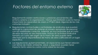 Factores del entorno externo
Regularmente existen restricciones o presiones provenientes del
entorno externo a la organización, mismas que limitarán o por lo menos
impactarán la capacidad de crear un PV&O ideal. Algunas de las más
comunes incluyen:


Regulaciones contractuales o actividades de sindicatos que puedan
restringir la capacidad de obtener el número apropiado de personal
con las habilidades correctas. Además, es muy probable que el costo
de estos recursos se vea impactado. Incluso sin actividad sindical el
tamaño y/o costo del origen de la mano de obra puede verse
afectado por la disponibilidad de mano de obra calificada en un lugar
específico.



Las regulaciones gubernamentales, en especial las que tienen relación
con temas de medio ambiente, salud, y seguridad, pueden tener
impacto tanto sobre los costos como sobre los recursos.

 