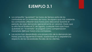 EJEMPLO 3.1


La compañía “guardará” las horas de tiempo extra de los
contadores en un inventario de horas. Se espera que más adelante
los contadores utilizarán esas horas para descansar durante el
periodo de baja demanda (generalmente en verano). Dado que
su año fiscal finaliza el 31 de agosto, cualquier hora que haya
quedado en “inventario” se pagará como compensación
monetaria ($50 por hora) a los contadores.



Los socios han desarrollado una proyección de la demanda (en
horas) para los siguientes 8 meses, basándose en su experiencia
respecto de las necesidades fiscales de los clientes.

 