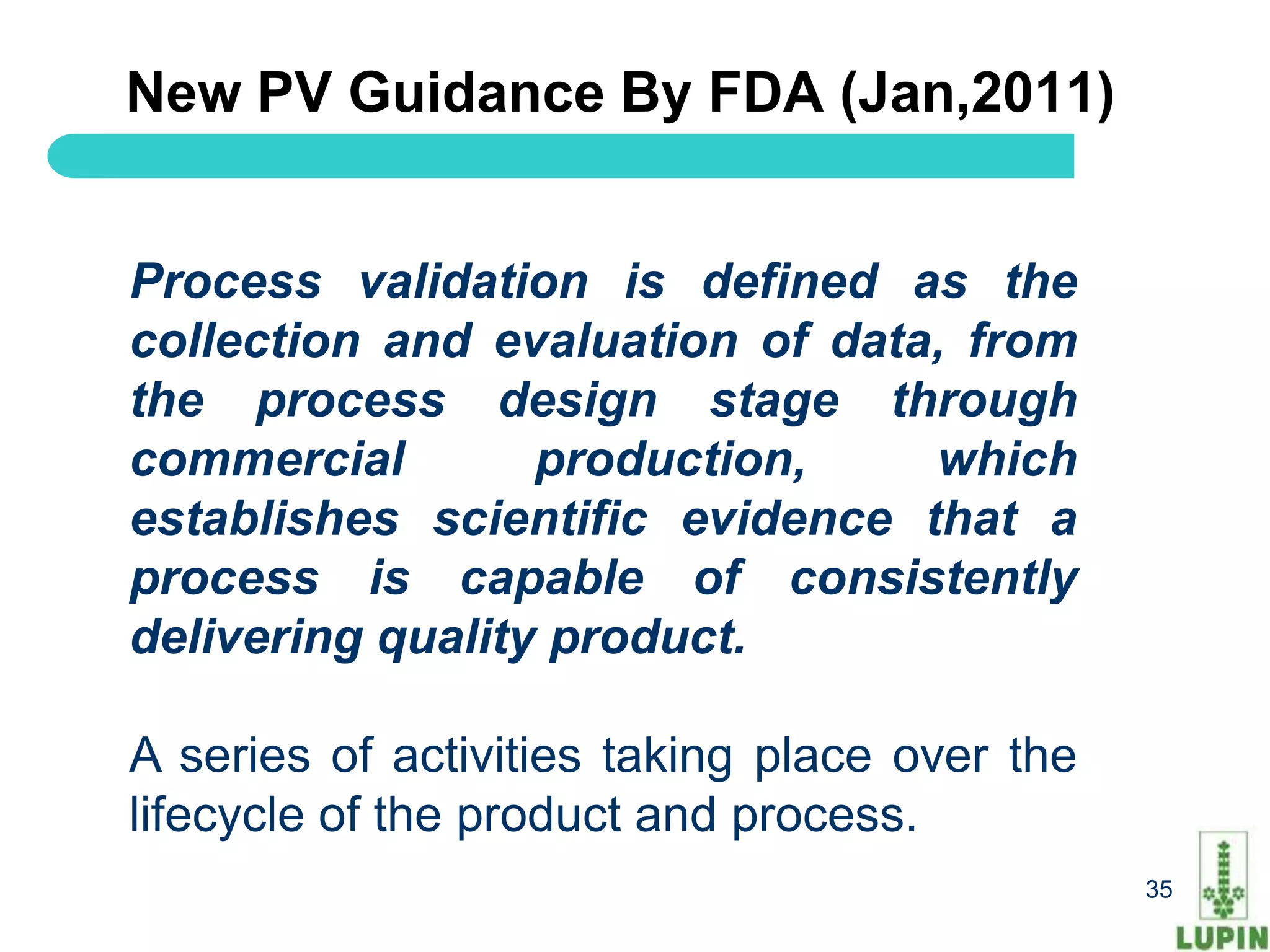 New PV Guidance By FDA (Jan,2011)


Process validation is defined as the
collection and evaluation of data, from
the process design stage through
commercial        production,    which
establishes scientific evidence that a
process is capable of consistently
delivering quality product.

A series of activities taking place over the
lifecycle of the product and process.
35                                             35
 