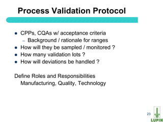 Process Validation Protocol

   CPPs, CQAs w/ acceptance criteria
     – Background / rationale for ranges
   How will they be sampled / monitored ?
   How many validation lots ?
   How will deviations be handled ?

Define Roles and Responsibilities
  Manufacturing, Quality, Technology




23                                           23
 