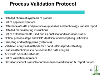 Process Validation Protocol

   Detailed chemical synthesis of product
   List of approved vendors
   Reference of R&D and pilot scale up studies and technology transfer report
   Detailed manufacturing instructions
   List of EQ/Instruments used and its qualification/Calibration status
   Critical process steps and CPP identification/description/justification
   Sampling and testing plans (pictorials)
   Validated analytical methods for IP and Int/final product testing
   Statistical techniques to be used in the data analysis
   ACC with scientific rationale
   List of validation members
   Deviations/ conclusions/ Recommendations/certification & Report pattern

                                                                        25
 