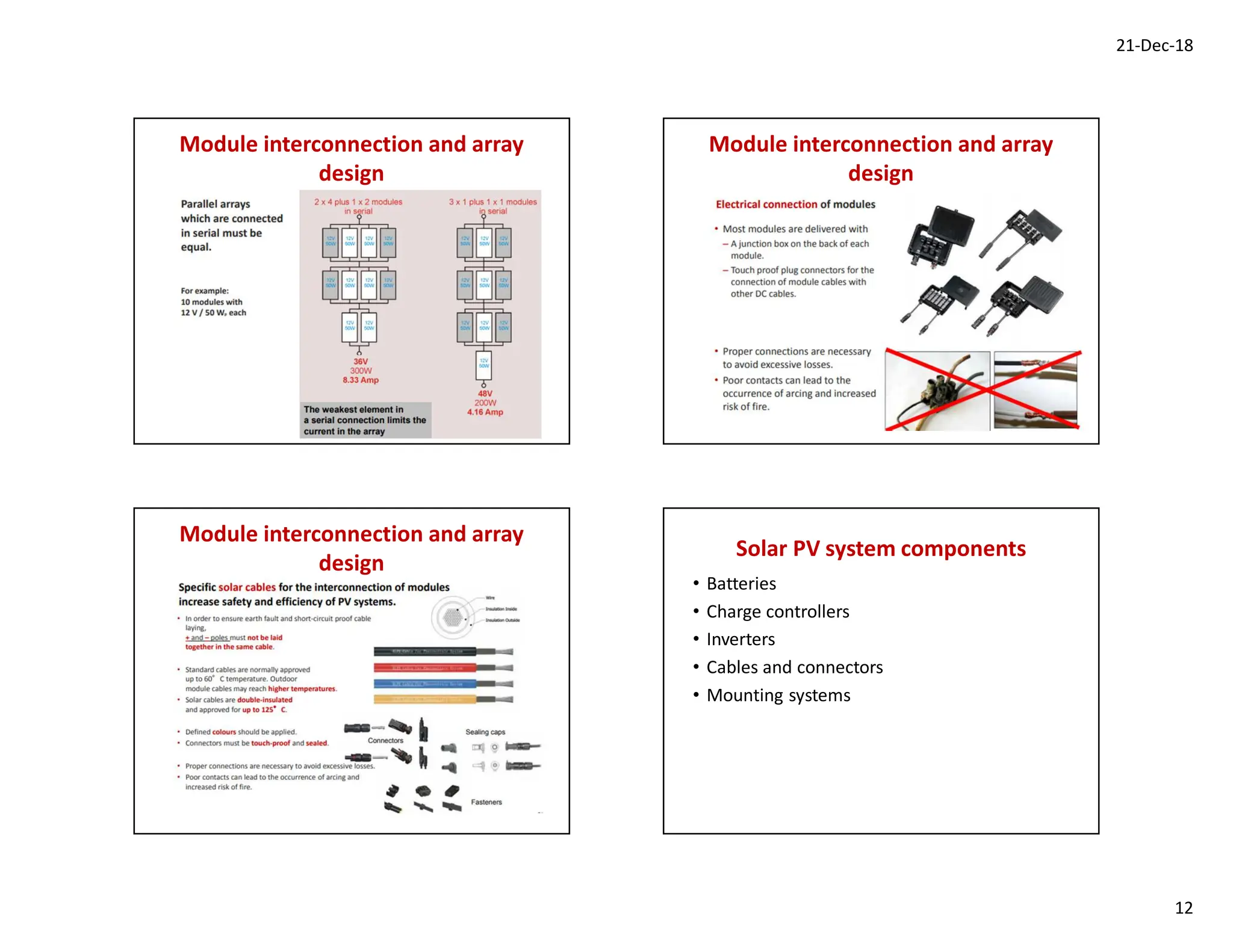 21-Dec-18
12
Module interconnection and array
design
Module interconnection and array
design
Module interconnection and array
design
Solar PV system components
• Batteries
• Charge controllers
• Inverters
• Cables and connectors
• Mounting systems
 