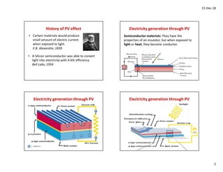 21-Dec-18
2
History of PV effect
• Certain materials would produce
small amount of electric current
when exposed to light.
E.B. Alexandre, 1839
• A Silicon semiconductor was able to convert
light into electricity with 4-6% efficiency
Bell Labs, 1954
Electricity generation through PV
Semiconductor materials: They have the
properties of an insulator, but when exposed to
light or heat, they become conductor.
Electricity generation through PV Electricity generation through PV
 