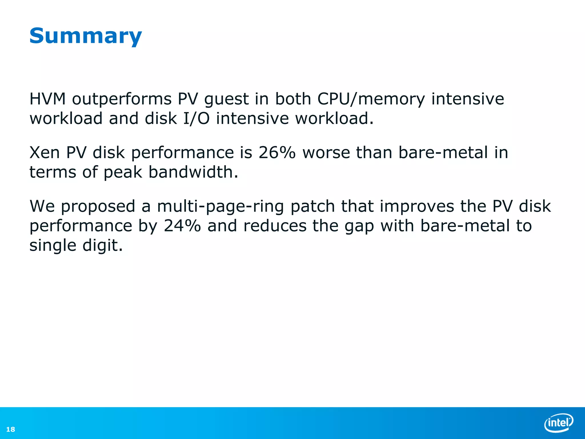 Summary

     HVM outperforms PV guest in both CPU/memory intensive
     workload and disk I/O intensive workload.

     Xen PV disk performance is 26% worse than bare-metal in
     terms of peak bandwidth.

     We proposed a multi-page-ring patch that improves the PV disk
     performance by 24% and reduces the gap with bare-metal to
     single digit.




18
 