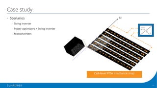 11Confidential | © 2016 SunPower Corporation |
Case study
• Scenarios
– String inverter
– Power optimizers + String inverter
– Microinverters
N
Cell-level POA Irradiance map
 