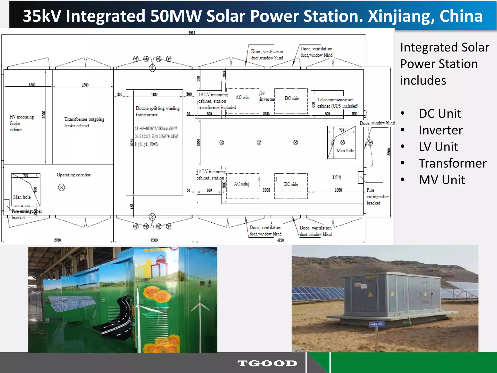 Integrated Solar
Power Station
includes
• DC Unit
• Inverter
• LV Unit
• Transformer
• MV Unit
35kV Integrated 50MW Solar Power Station. Xinjiang, China
 