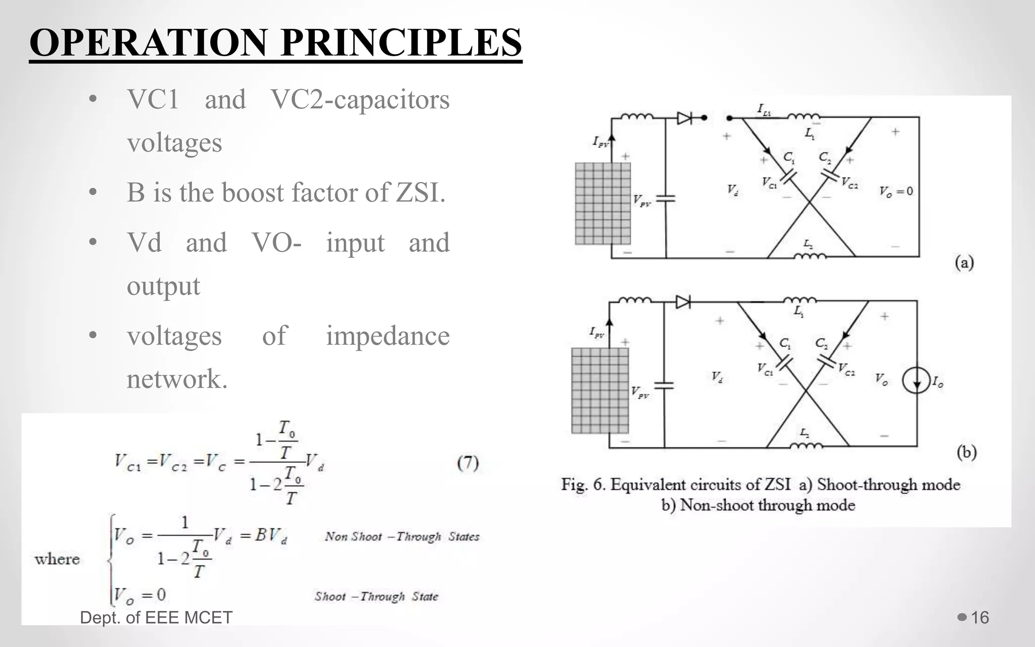 • VC1 and VC2-capacitors
voltages
• B is the boost factor of ZSI.
• Vd and VO- input and
output
• voltages of impedance
network.
OPERATION PRINCIPLES
16Dept. of EEE MCET
 