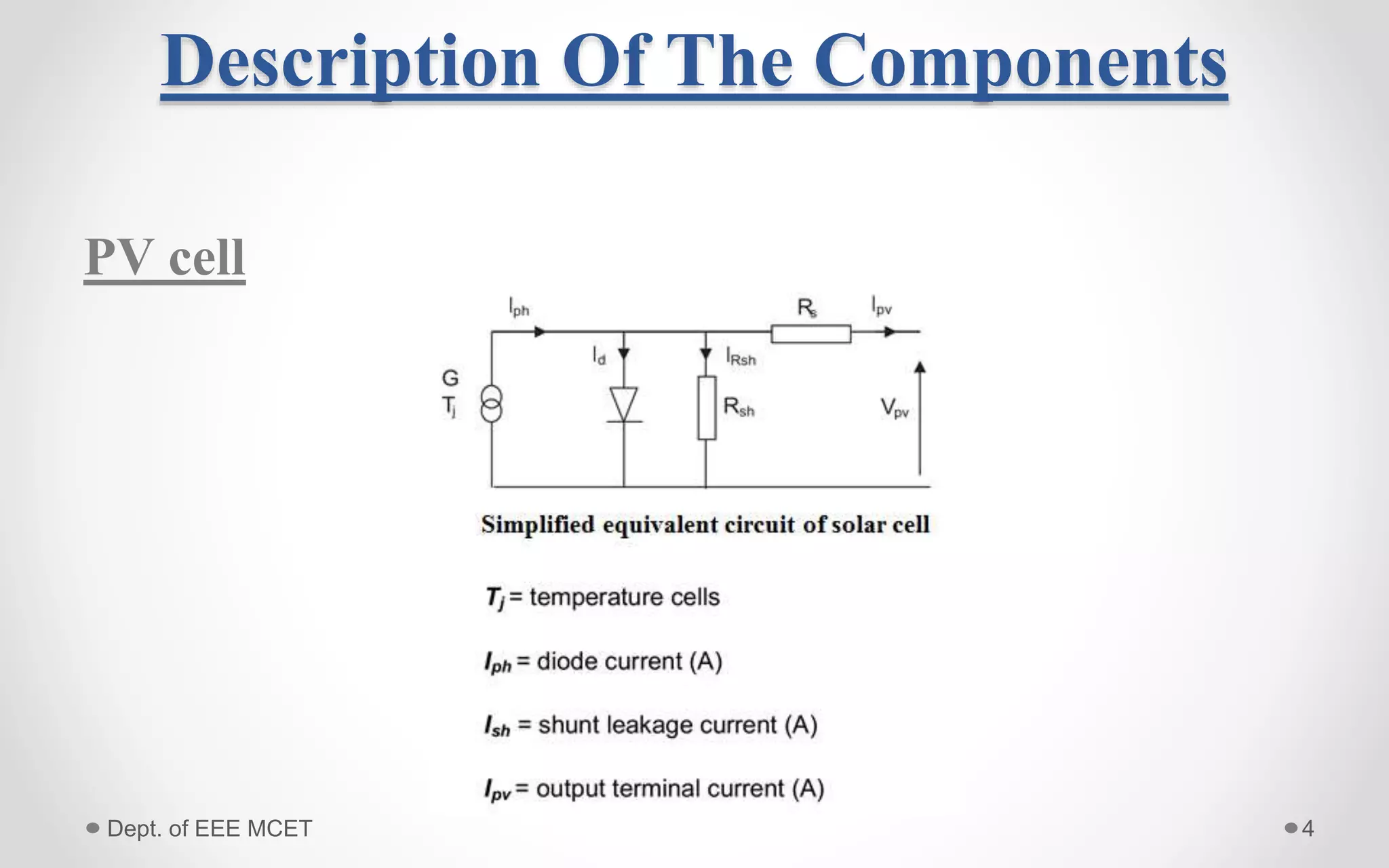 Description Of The Components
PV cell
4Dept. of EEE MCET
 
