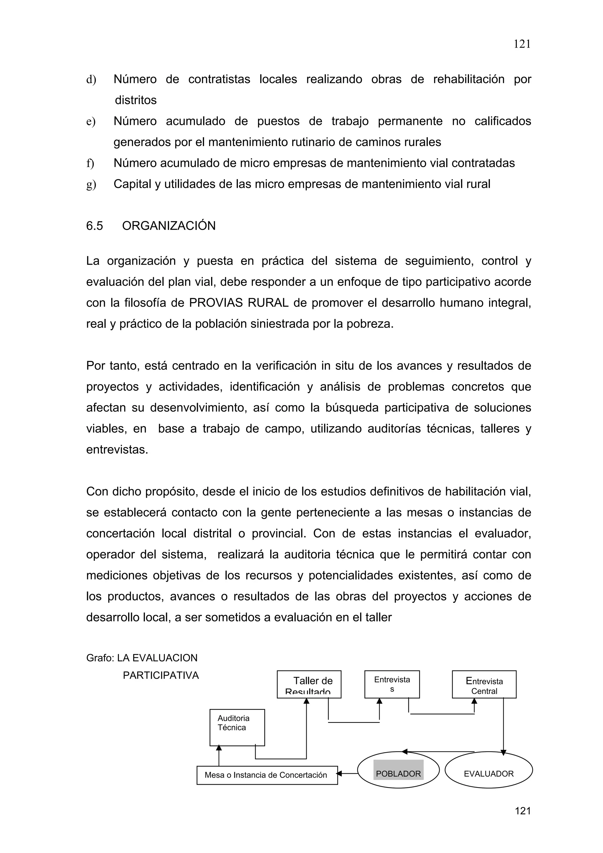 121
121
d) Número de contratistas locales realizando obras de rehabilitación por
distritos
e) Número acumulado de puestos de trabajo permanente no calificados
generados por el mantenimiento rutinario de caminos rurales
f) Número acumulado de micro empresas de mantenimiento vial contratadas
g) Capital y utilidades de las micro empresas de mantenimiento vial rural
6.5 ORGANIZACIÓN
La organización y puesta en práctica del sistema de seguimiento, control y
evaluación del plan vial, debe responder a un enfoque de tipo participativo acorde
con la filosofía de PROVIAS RURAL de promover el desarrollo humano integral,
real y práctico de la población siniestrada por la pobreza.
Por tanto, está centrado en la verificación in situ de los avances y resultados de
proyectos y actividades, identificación y análisis de problemas concretos que
afectan su desenvolvimiento, así como la búsqueda participativa de soluciones
viables, en base a trabajo de campo, utilizando auditorías técnicas, talleres y
entrevistas.
Con dicho propósito, desde el inicio de los estudios definitivos de habilitación vial,
se establecerá contacto con la gente perteneciente a las mesas o instancias de
concertación local distrital o provincial. Con de estas instancias el evaluador,
operador del sistema, realizará la auditoria técnica que le permitirá contar con
mediciones objetivas de los recursos y potencialidades existentes, así como de
los productos, avances o resultados de las obras del proyectos y acciones de
desarrollo local, a ser sometidos a evaluación en el taller
Grafo: LA EVALUACION
PARTICIPATIVA
Mesa o Instancia de Concertación
Auditoria
Técnica
Taller de
Resultado
Entrevista
s
Entrevista
Central
POBLADOR EVALUADOR
 