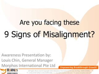 Are you facing these
 9 Signs of Misalignment?

Awareness Presentation by:
Louis Chin, General Manager
Morphos International Pte Ltd                              Empowering Breakthrough Growth!
              All Rights Reserved © Copyright 2013 Morphos International Pte Ltd. (Co Reg. 200813240N) 1
             : (+65) 6749 5850 / (+65) 8198 6381 : louis@morphos-intl.com : www.morphos-intl.com
 