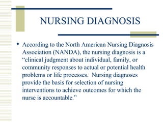 NURSING DIAGNOSIS According to the North American Nursing Diagnosis Association (NANDA), the nursing diagnosis is a “clinical judgment about individual, family, or community responses to actual or potential health problems or life processes.  Nursing diagnoses provide the basis for selection of nursing interventions to achieve outcomes for which the nurse is accountable.” 