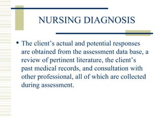 NURSING DIAGNOSIS The client’s actual and potential responses are obtained from the assessment data base, a review of pertinent literature, the client’s past medical records, and consultation with other professional, all of which are collected during assessment. 