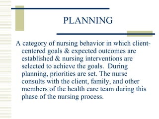PLANNING A category of nursing behavior in which client-centered goals & expected outcomes are established & nursing interventions are selected to achieve the goals.  During planning, priorities are set. The nurse consults with the client, family, and other members of the health care team during this phase of the nursing process. 