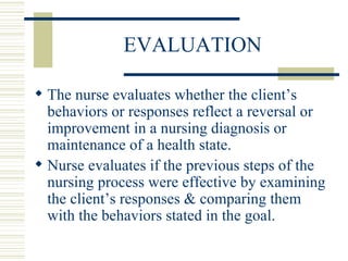 EVALUATION The nurse evaluates whether the client’s behaviors or responses reflect a reversal or improvement in a nursing diagnosis or maintenance of a health state. Nurse evaluates if the previous steps of the nursing process were effective by examining the client’s responses & comparing them with the behaviors stated in the goal. 