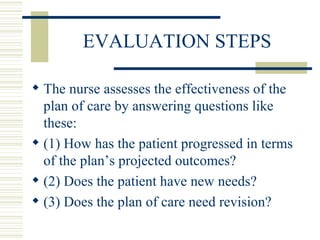 EVALUATION STEPS The nurse assesses the effectiveness of the plan of care by answering questions like these: (1) How has the patient progressed in terms of the plan’s projected outcomes? (2) Does the patient have new needs? (3) Does the plan of care need revision? 