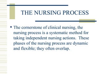 THE NURSING PROCESS The cornerstone of clinical nursing, the nursing process is a systematic method for taking independent nursing actions.  These phases of the nursing process are dynamic and flexible; they often overlap. 