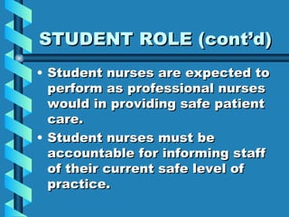 STUDENT ROLE (cont’d) Student nurses are expected to perform as professional nurses would in providing safe patient care. Student nurses must be accountable for informing staff of their current safe level of practice. 