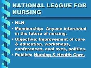 NATIONAL LEAGUE FOR NURSING NLN Membership:  Anyone interested in the future of nursing. Objective: Improvement of care & education, workshops, conferences, eval svcs, politics. Publish:  Nursing & Health Care. 