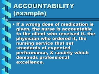 ACCOUNTABILITY (example) If a wrong dose of medication is given, the nurse is accountable to the client who received it, the physician who ordered it, the nursing service that set standards of expected performance, & society which demands professional excellence. 