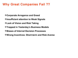 Why Great Companies Fail ??


 Corporate Arrogance and Greed
 Insufficient attention to Weak Signals
 Lack of Vision an...