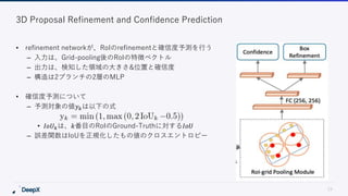 19
3D Proposal Refinement and Confidence Prediction
• refinement networkが、RoIのrefinementと確信度予測を行う
– 入力は、Grid-pooling後のRoIの...