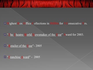  The Magic of 3 way Surround Sound - Real Life Sound   Effects.Xenon Technology - The way for State of Art ProjectionUnobstructed Viewing - Hurdle Less Viewing   Convenience to Comfort, Generous Legroom to Flexibility    - All in one Seat.