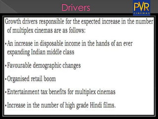 First to Introduce the Concept of Multiplexes in INDIA 					– First Movers AdvantageJoint Venture with Foreign Company for its Multiplex Business		            – Technological Benefit Efficient Implication of Online & Mobile based Booking 				  – Reengineering Approach 
