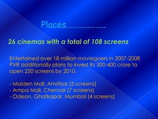 Price……Movie tickets cost 12-40% cheaper now.PVR Cinemas has dropped prices for shows screened before 1 pm to as low as Rs 50-100, depending on properties.Its tickets were earlier priced between Rs80 and Rs 150.
