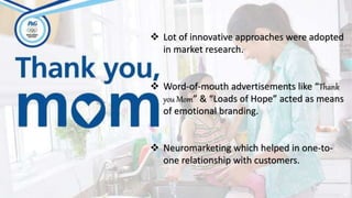  Lot of innovative approaches were adopted
in market research.
 Word-of-mouth advertisements like “Thank
you Mom” & “Loads of Hope” acted as means
of emotional branding.
 Neuromarketing which helped in one-to-
one relationship with customers.
 