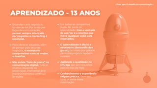 - Start ups: O desaﬁo da comunicação -
APRENDIZADO - 13 ANOS
● Entender cada negócio é
fundamental. Por mais que
façamos comunicação,
pensar sempre orientado
por negócios e marketing é
essencial.
● Para oferecer soluções, além
de pensar pela ótica de
negócios, é necessário
compromisso com as metas
e desaﬁos.
● Não existe “bala de prata” na
comunicação digital. Tudo é
relativo, depende de
observação, interpretação e
redirecionamento contínuo
de ações.
● Em todas as campanhas,
testar faz parte do
aprendizado, mas a vontade
de acertar é a energia que
move qualquer ação para
resultados.
● O aprendizado é diário e
necessário (desconﬁe dos
gurus), por mais que grande
parte dos projetos tenham
sucesso.
● Agilidade e qualidade na
entrega são pré-requisitos
para os dias de hoje.
● Conhecimento e experiência
exigem prática. Sem isso,
tudo se torna mera
informação.
 