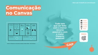 - Start ups: O desaﬁo da comunicação -
Comunicação
no Canvas
GAP
Tudo tem
que ser feito
com o menor
recurso
possível e com
o maior
impacto
possível!
Website
Youtube
Facebook
Instagram
LinekdIN
Google
Intercom: entrevistas com uma amostra do ranking 100 Open Startups - Valor Econômico
 