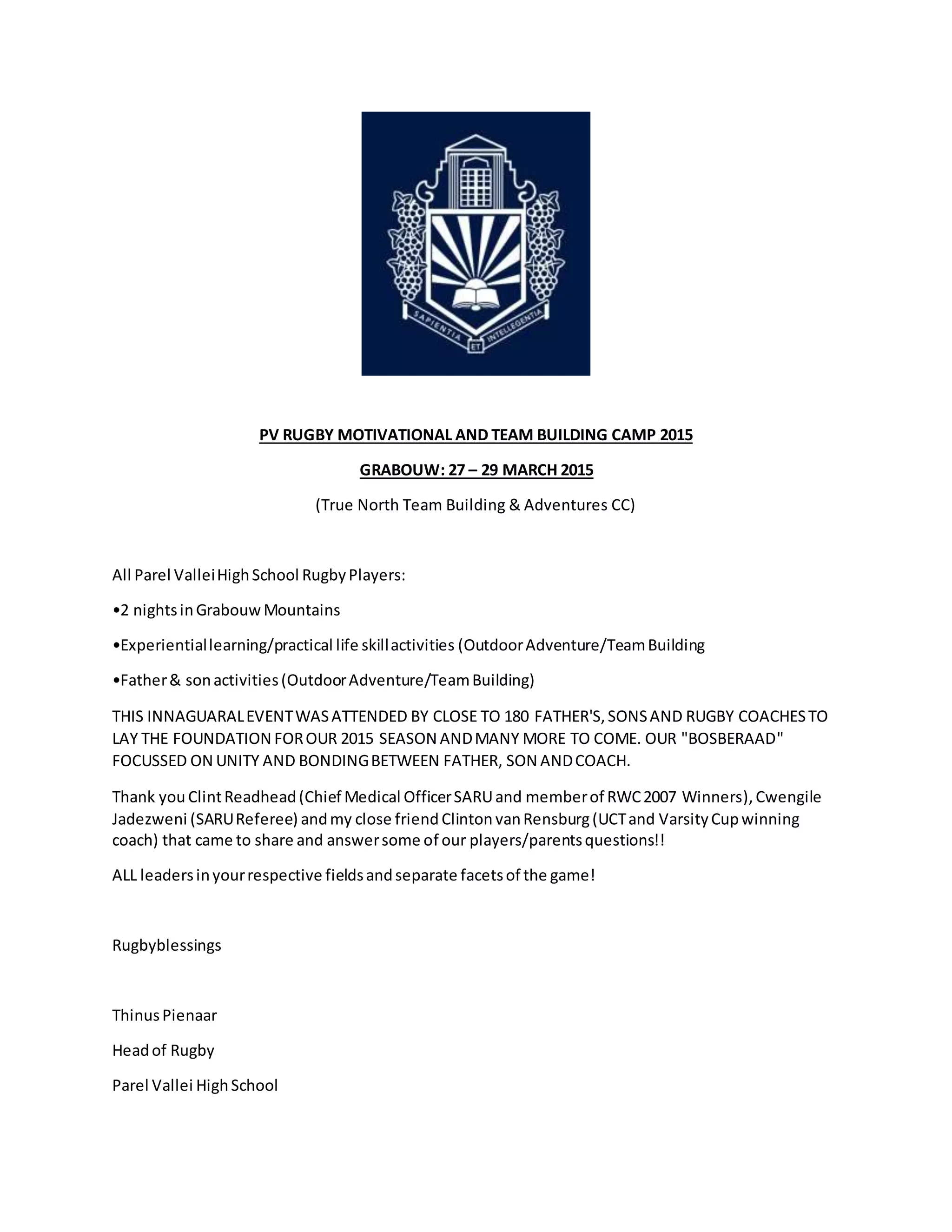 PV Rugby dad's and sons Motivational & Team building camp 2015 | DOCX