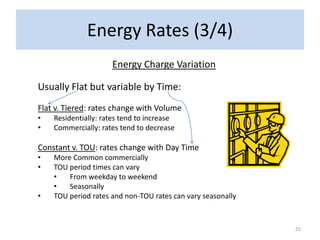 Energy Rates (3/4)
                     Energy Charge Variation

Usually Flat but variable by Time:
Flat v. Tiered: rates change with Volume
•   Residentially: rates tend to increase
•   Commercially: rates tend to decrease

Constant v. TOU: rates change with Day Time
•   More Common commercially
•   TOU period times can vary
    •   From weekday to weekend
    •   Seasonally
•   TOU period rates and non-TOU rates can vary seasonally



                                                             25
 