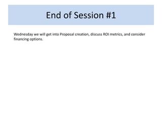 End of Session #1
Wednesday we will get into Proposal creation, discuss ROI metrics, and consider
financing options.
 