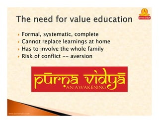 www.purnavidya.com
Formal, systematic, complete
Cannot replace learnings at home
Has to involve the whole family
Risk of conflict -- aversion
 