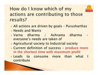 www.purnavidya.com
All actions are driven by goals – Purusharthas
Needs and Wants
Varna dharma / Ashrama dharma –
everyone’s needs are taken of
Agricultural society to Industrial society
Current definition of success – produce more
in the shortest time with maximum profit
Leads to consume more than what I
contribute
 