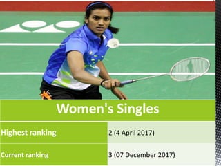 Women's Singles
Highest ranking 2 (4 April 2017)
Current ranking 3 (07 December 2017)
 