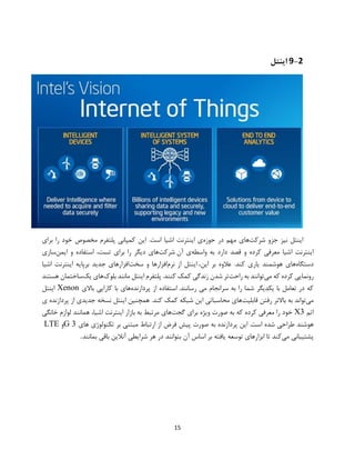 15
9-2‫اینتل‬
‫شرکت‬ ‫جزو‬ ‫نیز‬ ‫اینتل‬‫حوزه‬ ‫در‬ ‫مهم‬ ‫های‬‫برای‬ ‫را‬ ‫خود‬ ‫مخصوص‬ ‫پلتفرم‬ ‫کمپانی‬ ‫این‬ .‫است‬ ‫اشیا‬ ‫اینترنت‬ ‫ی‬
‫واسطه‬ ‫به‬ ‫دارد‬ ‫قصد‬ ‫و‬ ‫کرده‬ ‫معرفی‬ ‫اشیا‬ ‫اینترنت‬‫آن‬ ‫ی‬‫شرکت‬‫های‬‫دیگر‬‫را‬‫برای‬،‫تست‬‫استفاده‬‫و‬‫ایمن‬‫سازی‬
‫دستگاه‬‫های‬‫هوشمند‬‫یاری‬‫کند‬.‫عالوه‬‫بر‬،‫این‬‫اینتل‬‫نرم‬ ‫از‬‫سخت‬ ‫و‬ ‫افزارها‬‫اشیا‬ ‫اینترنت‬ ‫برپایه‬ ‫جدید‬ ‫افزارهای‬
‫می‬ ‫که‬ ‫کرده‬ ‫رونمایی‬‫راحت‬ ‫به‬ ‫توانند‬‫بلوک‬ ‫مانند‬ ‫اینتل‬ ‫پلتفرم‬ .‫کنند‬ ‫کمک‬ ‫زندگی‬ ‫شدن‬ ‫تر‬‫یک‬ ‫های‬‫هستند‬ ‫ساختمان‬
.‫رسانند‬ ‫می‬ ‫سرانجام‬ ‫به‬ ‫را‬ ‫شما‬ ‫یکدیگر‬ ‫با‬ ‫تعامل‬ ‫در‬ ‫که‬‫استفاده‬‫از‬‫پردازنده‬‫های‬‫با‬‫ک‬‫ارایی‬‫باالی‬Xenon‫اینتل‬
‫می‬‫قابلیت‬ ‫رفتن‬ ‫باالتر‬ ‫به‬ ‫تواند‬‫ی‬ ‫پردازنده‬ ‫از‬ ‫جدیدی‬ ‫نسخه‬ ‫اینتل‬ ‫همچنین‬ .‫کند‬ ‫کمک‬ ‫شبکه‬ ‫این‬ ‫محاسباتی‬ ‫های‬
‫اتم‬X3‫گجت‬ ‫برای‬ ‫ویژه‬ ‫صورت‬ ‫به‬ ‫که‬ ‫کرده‬ ‫معرفی‬ ‫را‬ ‫خود‬‫خانگی‬ ‫لوازم‬ ‫همانند‬ ،‫اشیا‬ ‫اینترنت‬ ‫بازار‬ ‫به‬ ‫مرتبط‬ ‫های‬
.‫است‬ ‫شده‬ ‫طراحی‬ ‫هوشند‬‫این‬‫پردازنده‬‫به‬‫صورت‬‫پیش‬‫فر‬‫های‬ ‫تکنولوژی‬ ‫بر‬ ‫مبتنی‬ ‫ارتباط‬ ‫از‬ ‫ض‬3G‫و‬LTE
‫می‬ ‫پشتیبانی‬‫بمانند‬ ‫باقی‬ ‫آنالین‬ ‫شرایطی‬ ‫هر‬ ‫در‬ ‫بتوانند‬ ‫آن‬ ‫اساس‬ ‫بر‬ ‫یافته‬ ‫توسعه‬ ‫ابزارهای‬ ‫تا‬ ‫کند‬.
 