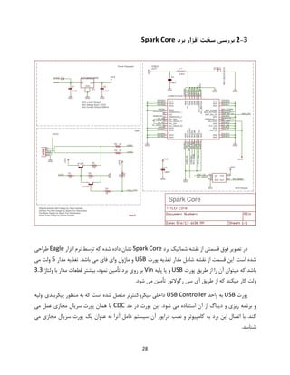28
2-3‫برد‬ ‫افزار‬ ‫سخت‬ ‫بررسی‬Spark Core
‫از‬ ‫قسمتی‬ ‫فوق‬ ‫تصویر‬ ‫در‬‫نقشه‬‫برد‬ ‫شماتیک‬Spark Core‫شده‬ ‫داده‬ ‫نشان‬‫افزار‬ ‫نرم‬ ‫توسط‬ ‫که‬Eagle‫طراحی‬
‫نقشه‬ ‫از‬ ‫قسمت‬ ‫این‬ .‫است‬ ‫شده‬‫پورت‬ ‫تغذیه‬ ‫مدار‬ ‫شامل‬USB‫مدار‬ ‫تغذیه‬ .‫باشد‬ ‫می‬ ‫فای‬ ‫وای‬ ‫ماژول‬ ‫و‬5‫می‬ ‫ولت‬
‫پورت‬ ‫طریق‬ ‫از‬ ‫را‬ ‫آن‬ ‫میتوان‬ ‫که‬ ‫باشد‬USB‫پایه‬ ‫یا‬ ‫و‬Vin‫نمود‬ ‫تأمین‬ ‫برد‬ ‫روی‬ ‫بر‬‫ولتاژ‬ ‫با‬ ‫مدار‬ ‫قطعات‬ ‫بیشتر‬ ،3.3
‫کا‬ ‫ولت‬‫شود‬ ‫می‬ ‫تأمین‬ ‫رگوالتور‬ ‫سی‬ ‫آی‬ ‫طریق‬ ‫از‬ ‫که‬ ‫میکند‬ ‫ر‬.
‫پورت‬USB‫واحد‬ ‫به‬USB Controller‫اولیه‬ ‫پیکربندی‬ ‫منظور‬ ‫به‬ ‫که‬ ‫است‬ ‫شده‬ ‫متصل‬ ‫میکروکنترلر‬ ‫داخلی‬
‫مد‬ ‫در‬ ‫پورت‬ ‫این‬ .‫شود‬ ‫می‬ ‫استفاده‬ ‫آن‬ ‫از‬ ‫دیباگ‬ ‫و‬ ‫ریزی‬ ‫برنامه‬ ‫و‬CDC‫می‬ ‫عمل‬ ‫مجازی‬ ‫سریال‬ ‫پورت‬ ‫همان‬ ‫یا‬
.‫کند‬‫برد‬ ‫این‬ ‫اتصال‬ ‫با‬‫می‬ ‫مجازی‬ ‫سریال‬ ‫پورت‬ ‫یک‬ ‫عنوان‬ ‫به‬ ‫آنرا‬ ‫عامل‬ ‫سیستم‬ ‫آن‬ ‫درایور‬ ‫نصب‬ ‫و‬ ‫کامپیوتر‬ ‫به‬
.‫شناسد‬
 